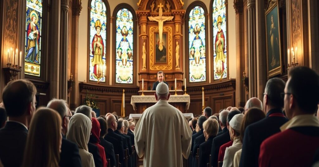 A solemn scene inside a traditional Catholic church where 'Pope' Leo XIV addresses the Focolare Movement during their General Assembly.