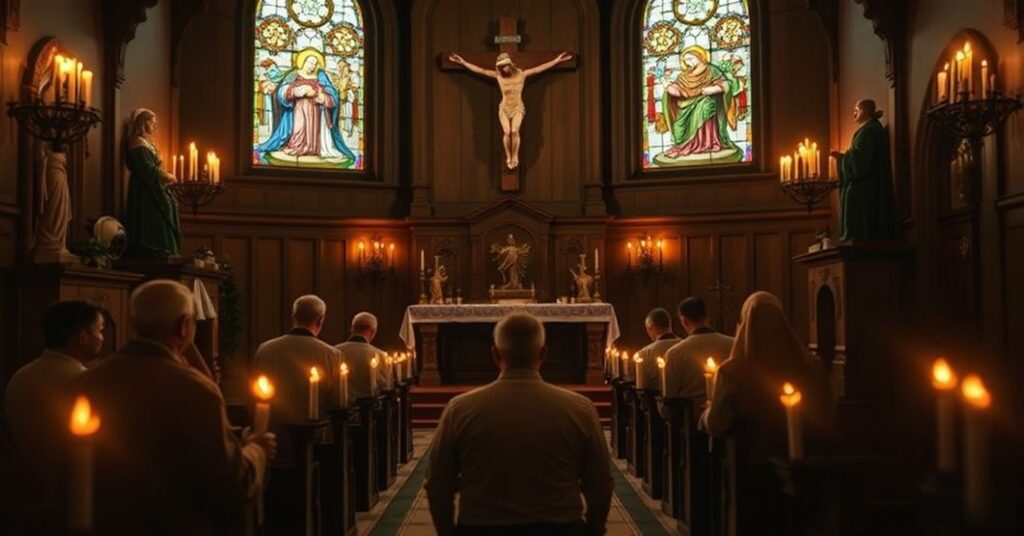 A reverent scene depicting Curtis Martin's retirement in a traditional Catholic chapel, highlighting the doctrinal crisis within post-conciliar ministries.