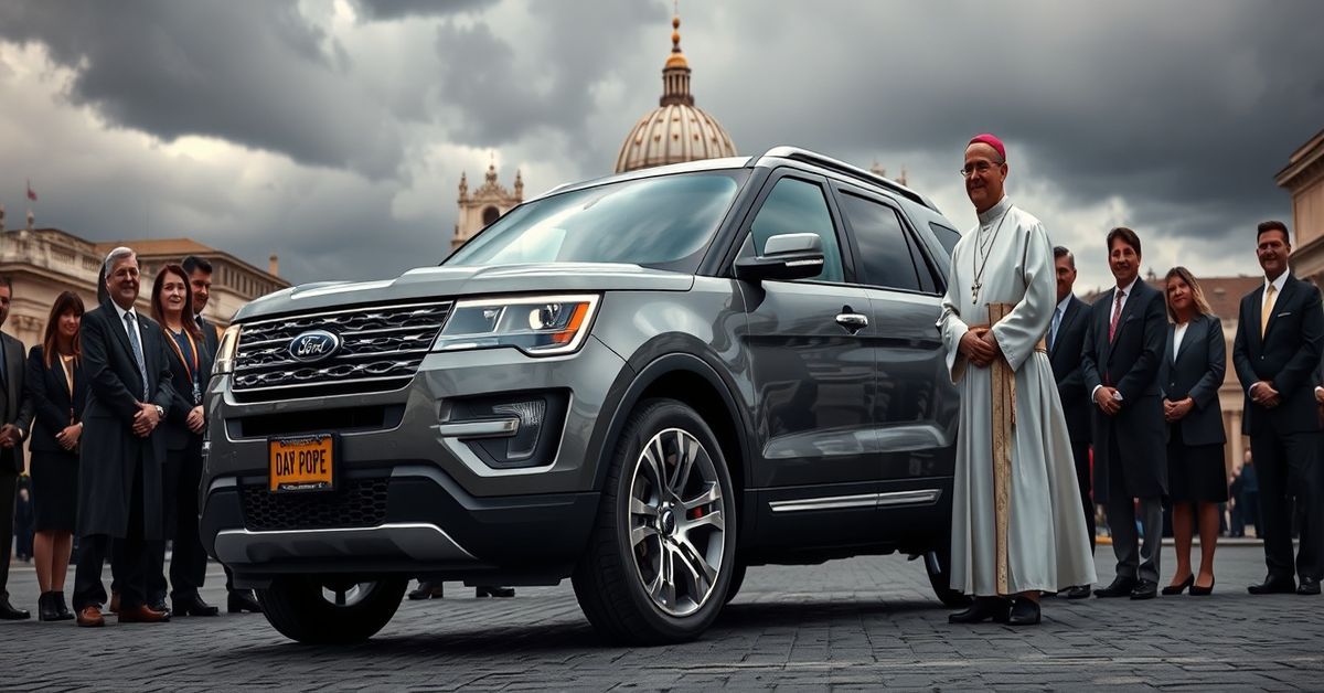 A solemn image depicting the scandalous event where Ford CEO Jim Farley gifted a custom car to the man falsely called 'Pope Leo XIV', symbolizing the profane integration of secular corporate power with the false papacy.