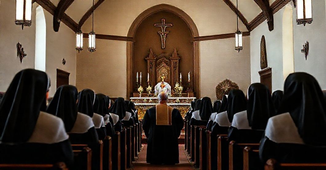 A solemn scene of a new Discalced Carmelite monastery in Fort Worth with nuns praying in traditional habits under Bishop Michael Olson's gaze.