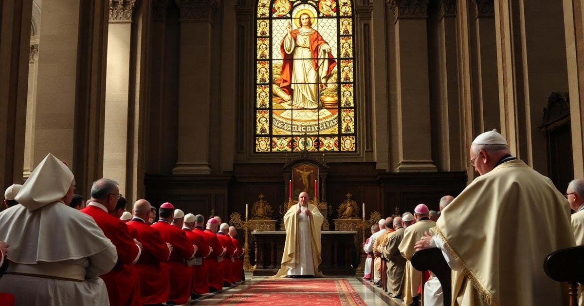 Cardinals and Pope Leo XIV participating in a controversial consistory session discussing the future of the Catholic priesthood in a grand basilica