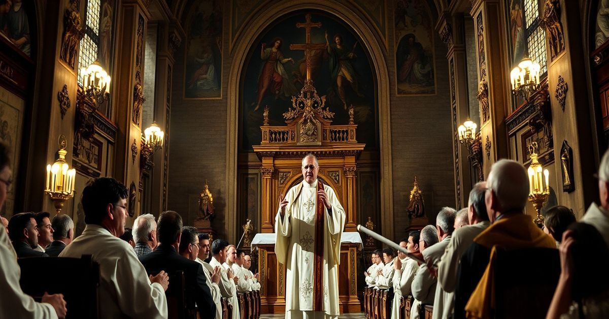 Fr. Roberto Pasolini delivering Lenten sermons in a Vatican hall, emphasizing naturalistic humanism over supernatural conversion.