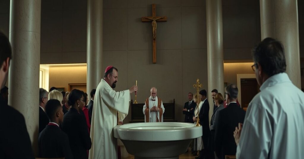 A somber depiction of a baptism ceremony in France, 2026, highlighting the spiritual deception within modernist Catholic practices.
