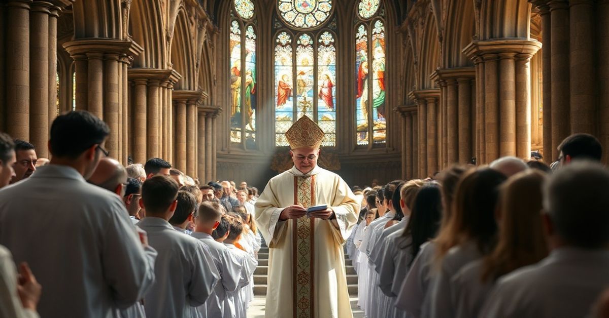 A traditional Catholic baptism ceremony in a French cathedral with Archbishop Olivier de Germay and young converts.