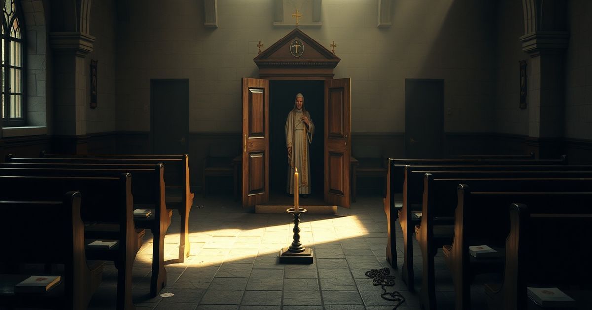 A solemn Franciscan church interior reflecting spiritual collapse and betrayal from child abuse settlements.