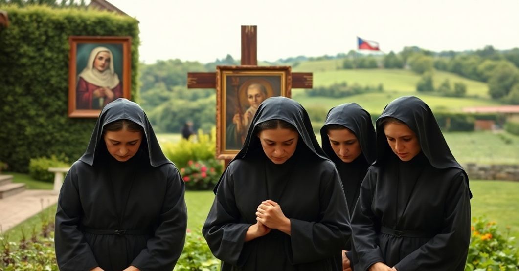 Franciscan Sisters' Land Return: A Modernist Betrayal Franciscan Sisters in a convent garden, reflecting sorrow over the loss of sacred mission to modernist activism.