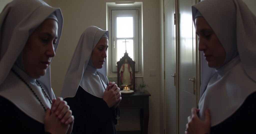 Franciscan Missionaries of Mary praying in a modest 13th-floor apartment in Clichy-Sous-Bois, Paris.