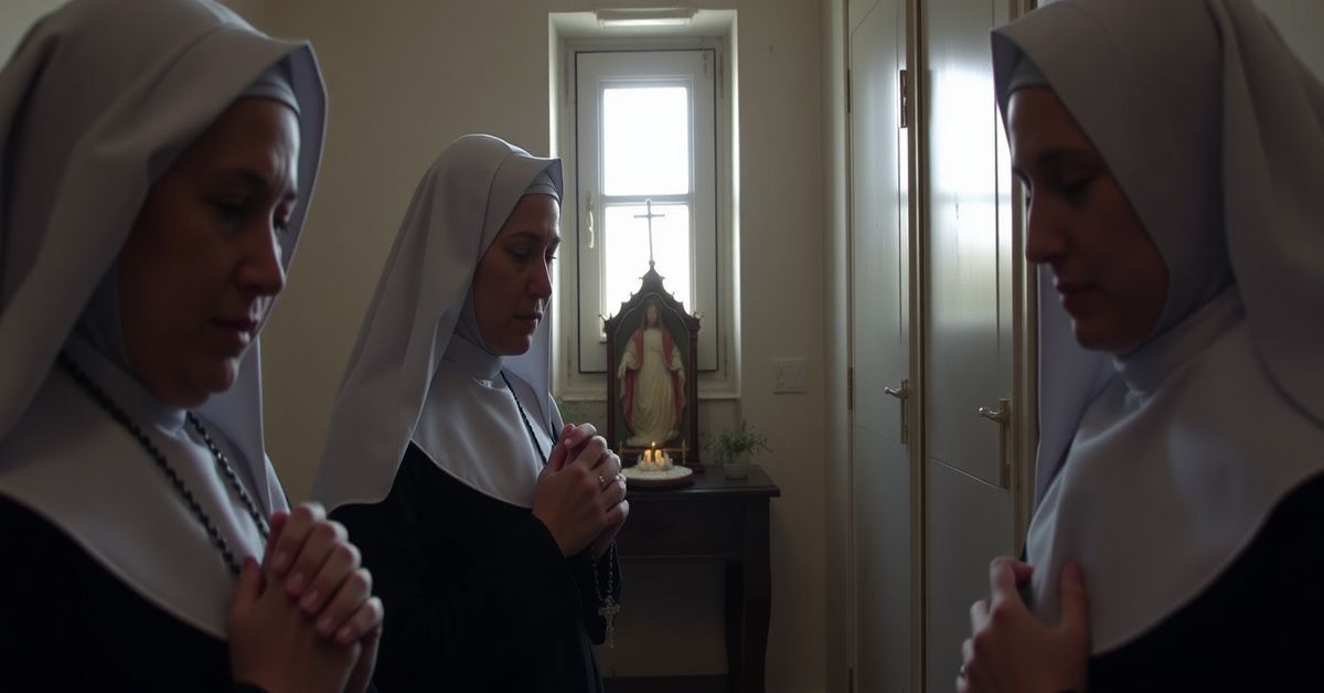 Franciscan Missionaries of Mary praying in a modest 13th-floor apartment in Clichy-Sous-Bois, Paris.