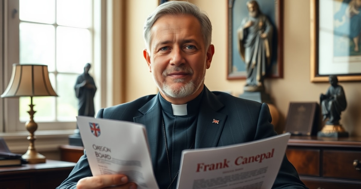 Catholic counselor Frank Canepa seated in his office with religious symbols behind him after Oregon Board withdrew disciplinary actions against him for refusing to affirm same-sex relationships.