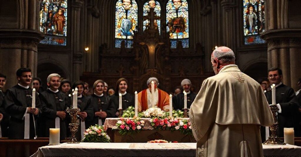 A somber depiction of a fraudulent beatification ceremony in Jaén Cathedral, Spain, presided over by Cardinal Marcello Semeraro.