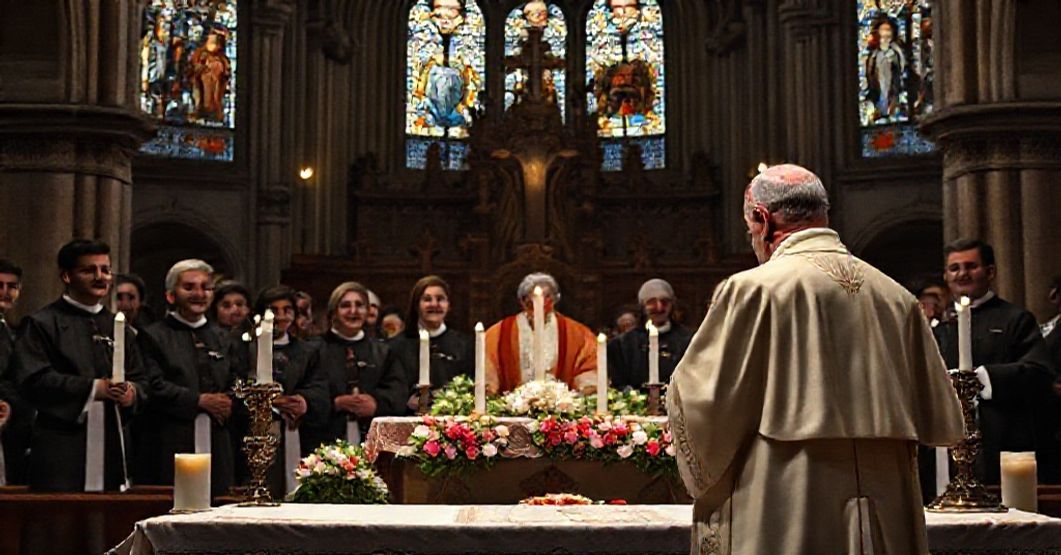 A somber depiction of a fraudulent beatification ceremony in Jaén Cathedral, Spain, presided over by Cardinal Marcello Semeraro.