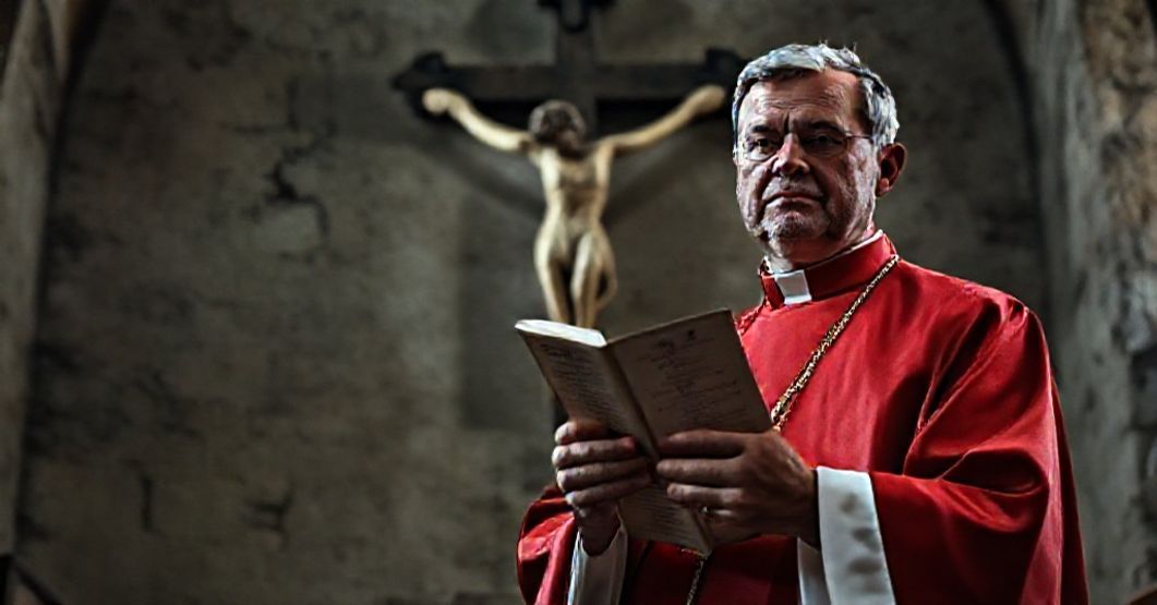 Traditional Catholic priest in liturgical vestments holding Pope Pius XII's Mystici Corporis Christi before a ruined church, symbolizing the fraudulent beatifications of the Conciliar Sect.