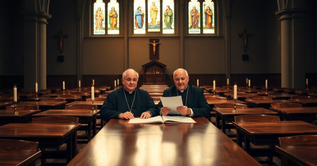 Bishops Cordileone and Conley reviewing the Front Royal Statement in Christendom College chapel under candlelight.