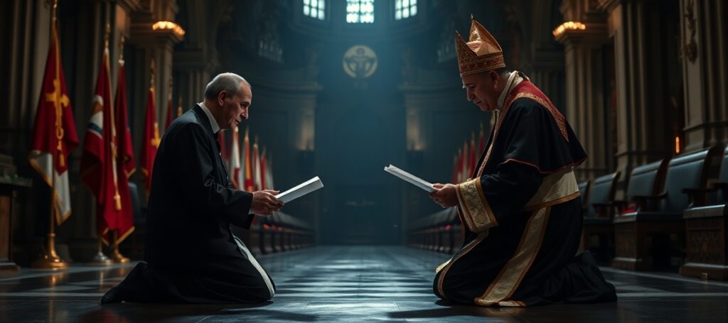 A Catholic priest kneeling before a Novus Ordo bishop signing documents under institutional scrutiny during the FSSPX reconciliation procedure