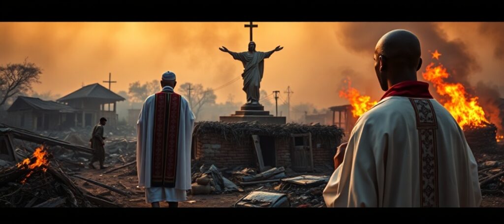 A realistic depiction of Fulani militant violence in Nigeria's Middle Belt region, showing destroyed churches and displaced Christian families with a Catholic priest praying in the background.