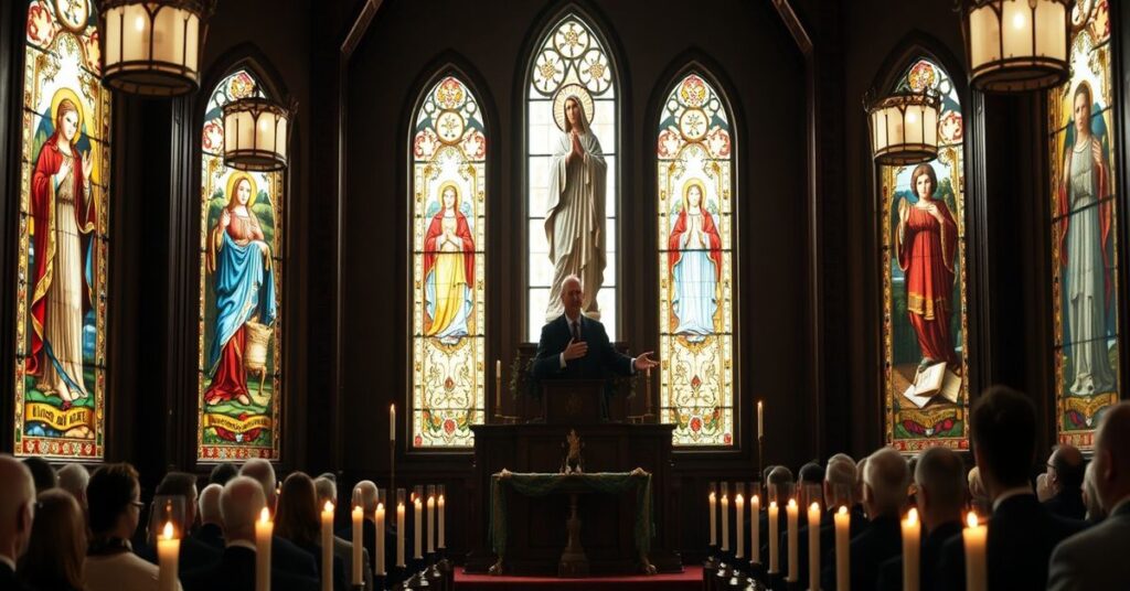 Archbishop Fulton Sheen preaching in a traditional Catholic chapel with Our Lady of Fatima statue and modern congregation