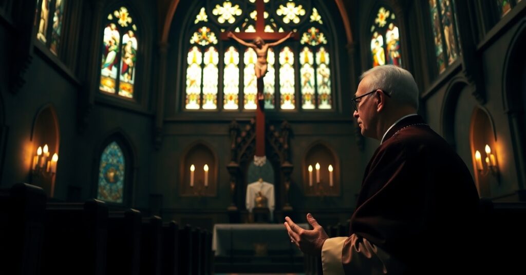 Fulton J. Sheen in prayer before a crucifix in a traditional Catholic chapel