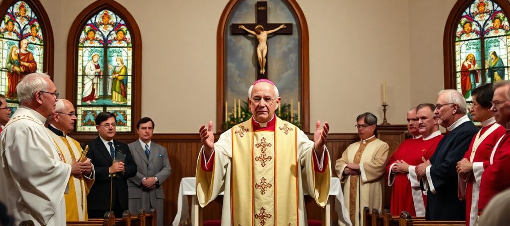 Traditional Catholic image of Archbishop Fulton Sheen preaching in a church setting, emphasizing the Church's true missionary nature and supernatural mission.