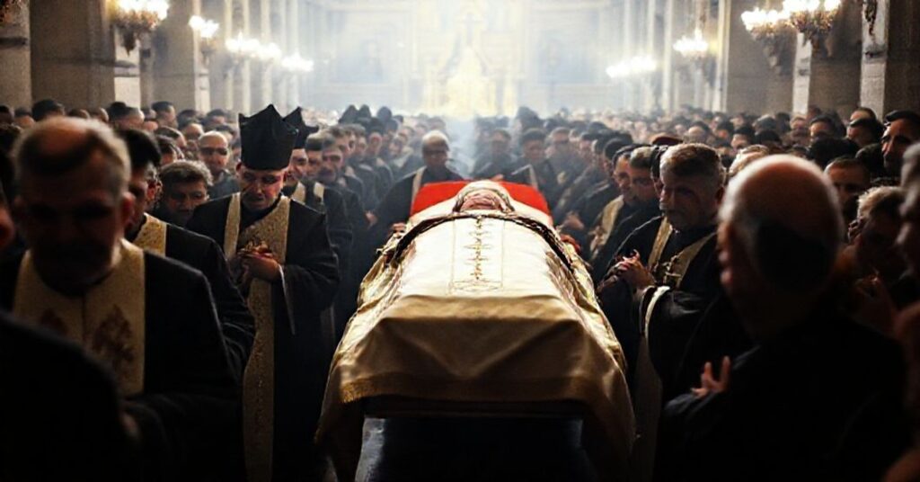Funeral procession of Simon Kulli in Albania, surrounded by modernist clergy in a cathedral.