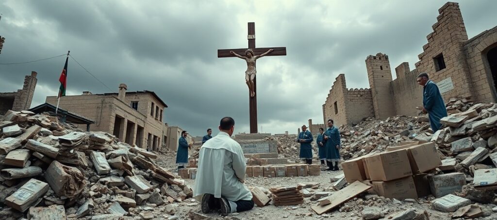 A Catholic priest kneels in prayer before a crucifix amidst the ruins of Gaza, symbolizing the absence of Christ the King in modern conflicts.