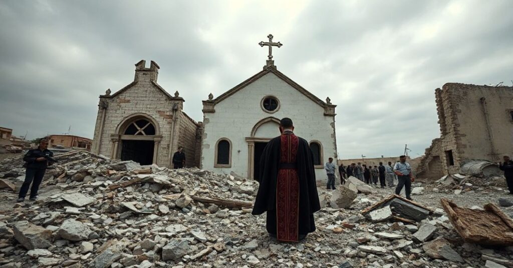 A priest praying in the ruins of a destroyed Christian church in Gaza, symbolizing the persecution of Christians and the secular humanism masking Gaza's spiritual desolation.