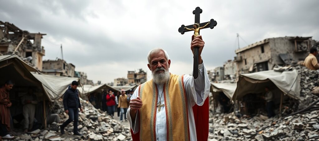 A Catholic priest in traditional vestments stands amidst the rubble of Gaza, holding a crucifix while families in distress look on.