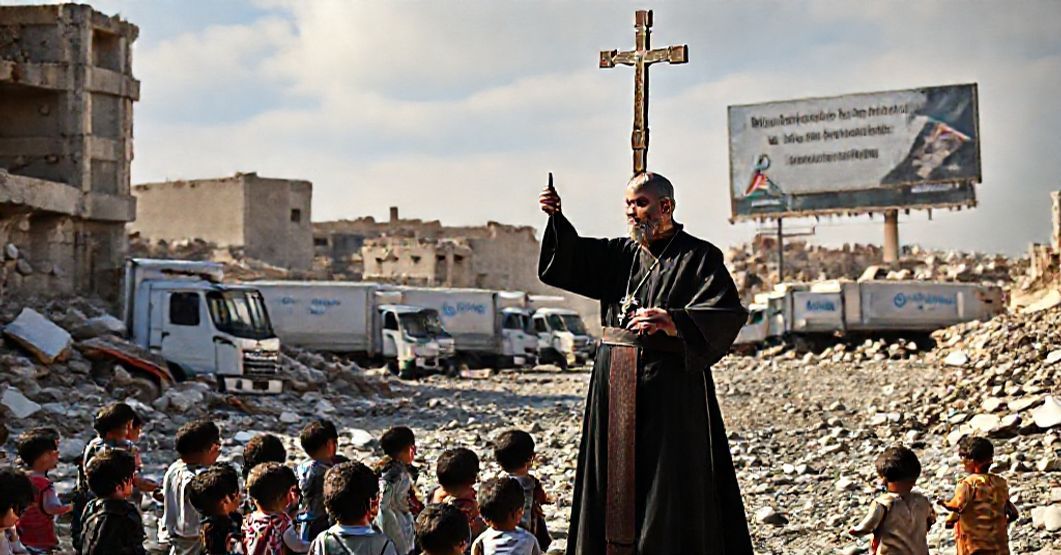 Catholic priest in Gaza holding crucifix amidst UNRWA aid trucks and Palestinian children.