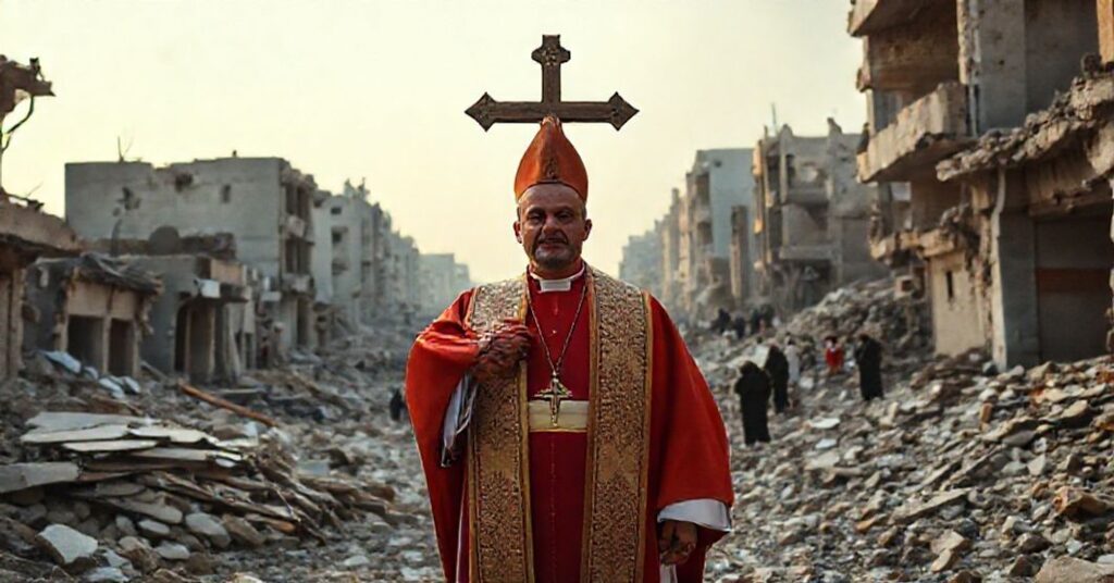 Catholic priest amidst Gaza ruins holding crucifix, symbolizing spiritual desolation and rejection of Christ's kingship.
