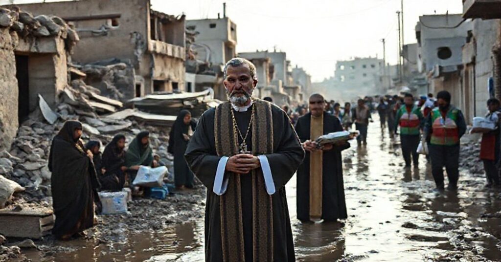 A Catholic priest offering spiritual comfort to Palestinian refugees amidst flooding in Khan Younis, contrasting divine charity with secular humanitarian efforts.