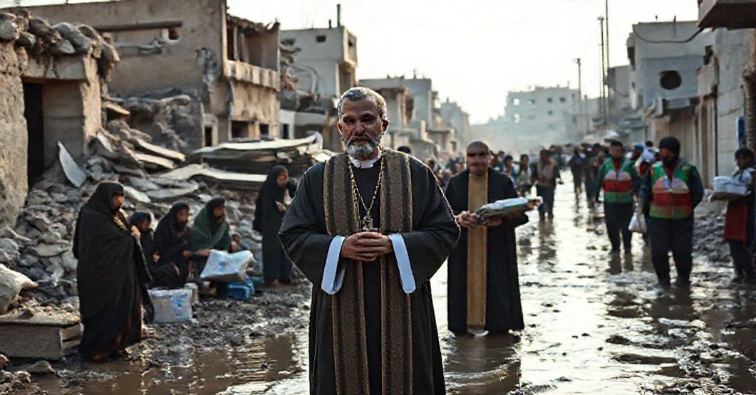 A Catholic priest offering spiritual comfort to Palestinian refugees amidst flooding in Khan Younis, contrasting divine charity with secular humanitarian efforts.