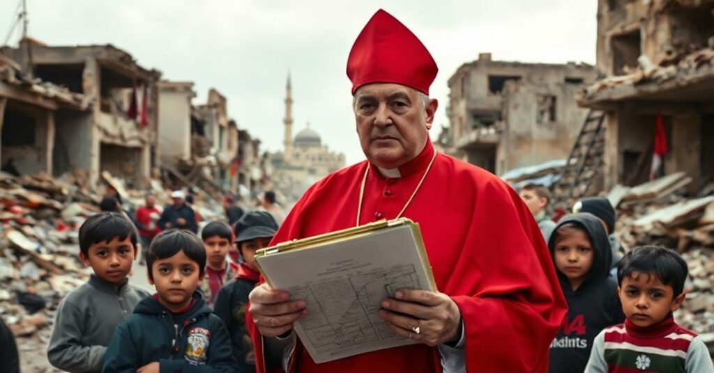 A solemn portrait of "Cardinal" Pierbattista Pizzaballa in the ruins of Gaza, emphasizing materialist concerns over spiritual salvation.