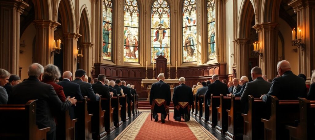 Historical photograph of George Washington and other American founders kneeling in prayer at Old St. Mary's Church during an 18th-century Catholic Mass, highlighting the false narrative of Catholic integration into Masonic America.