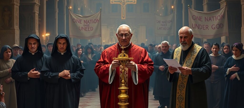 A solemn depiction of the Georgia Martyrs standing before a conciliar bishop in a dimly lit mission church, symbolizing the betrayal of their martyrdom by the modernist Church.
