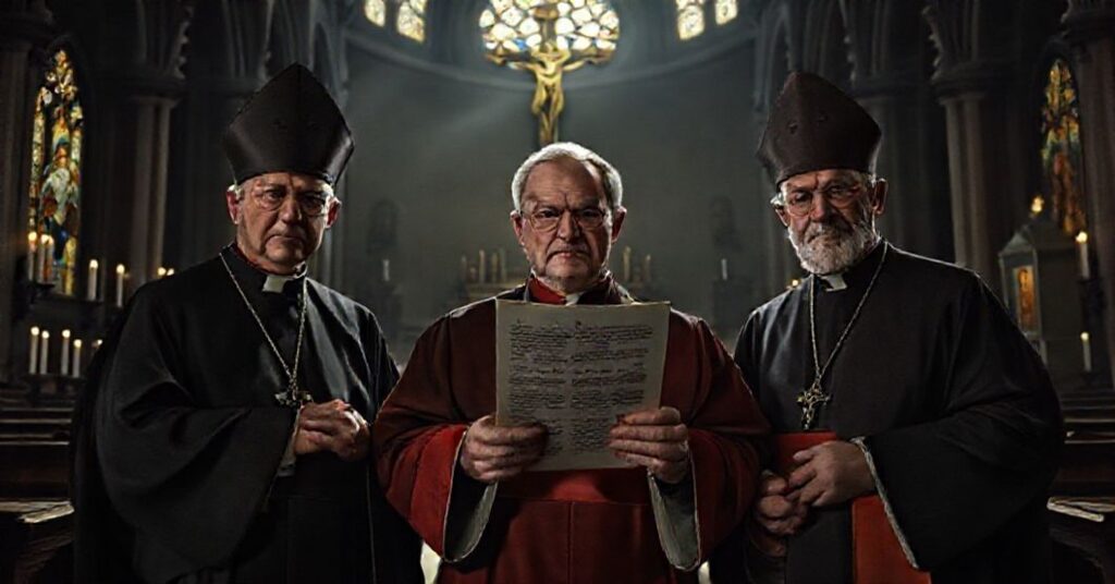 Three German pseudo-bishops holding a heretical gender document in a dimly lit cathedral, symbolizing ecclesial apostasy rooted in Modernism.