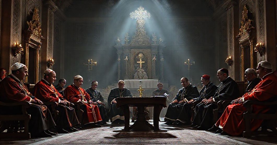 German bishops and conciliar cardinals in a Vatican hall discussing the synodal body in 2025.
