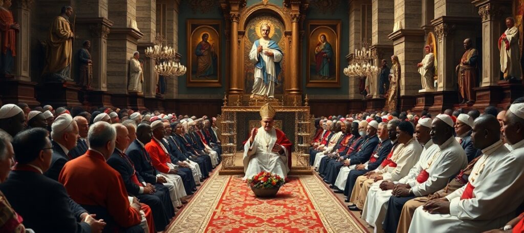 A solemn gathering of conciliar leaders in Ghana discussing AI ethics in a cathedral devoid of Christ the King imagery.