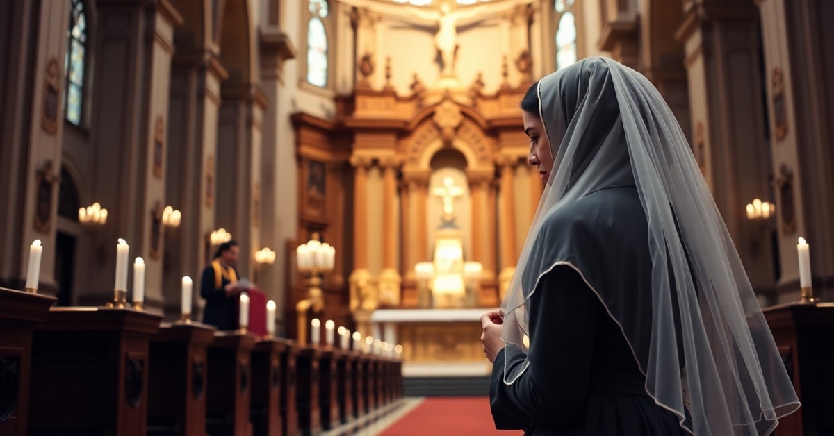 Young Catholic woman in prayer at traditional altar - critique of modernist distortions of Catholic womanhood
