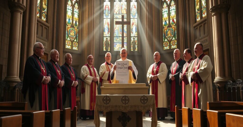 Global South bishops in a cathedral holding a manifesto promoting climate treaty over Christ's reign.