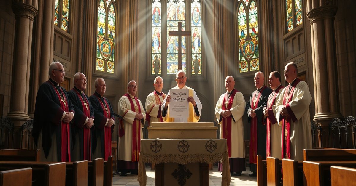 Global South bishops in a cathedral holding a manifesto promoting climate treaty over Christ's reign.