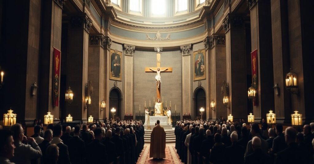 A solemn Good Friday liturgy in St. Peter's Basilica presided over by 'Pope Leo XIV' with a naturalistic homily devoid of supernatural truth.