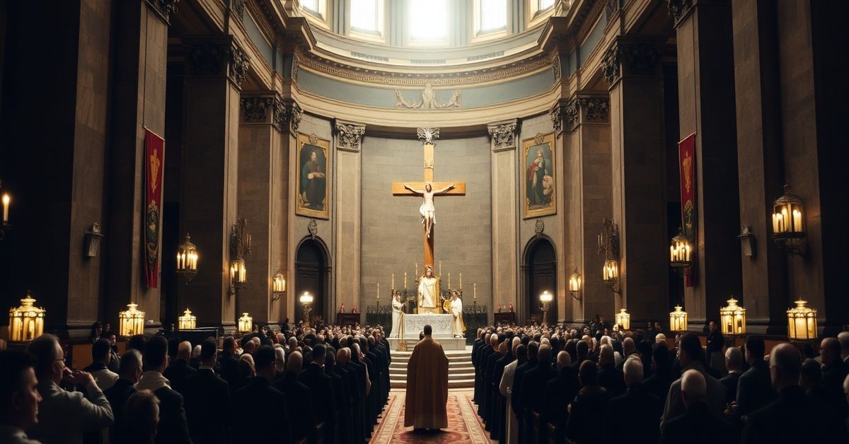 A solemn Good Friday liturgy in St. Peter's Basilica presided over by 'Pope Leo XIV' with a naturalistic homily devoid of supernatural truth.