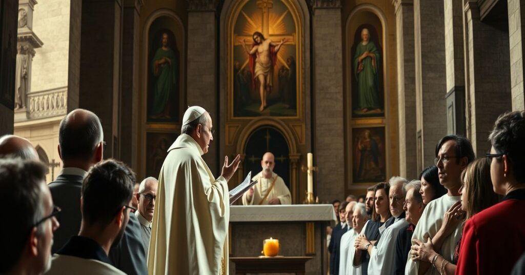 Solemn depiction of St. Peter's Basilica during Good Friday liturgy in 2026, showing 'Pope' Leo XIV and Fr. Roberto Pasolini delivering a modernist sermon that distorts the Passion of Christ.