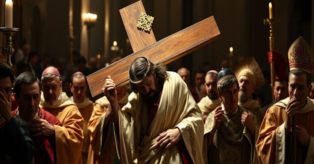 A solemn depiction of the Good Friday Via Crucis procession in Rome, emphasizing the supernatural mystery of the Redemption.