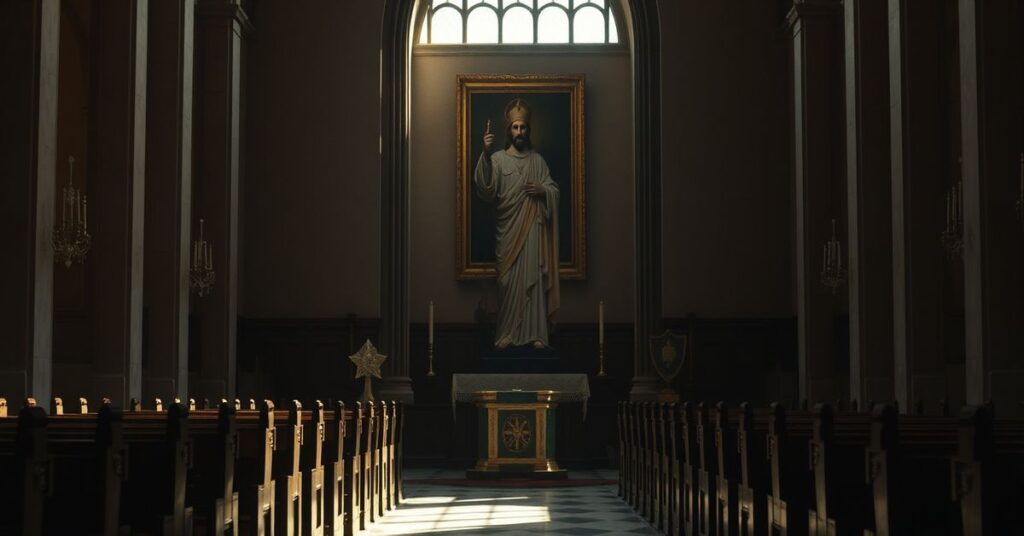 A solemn Catholic church interior symbolizing the Great Apostasy, with Christ the King statue and faded portrait of Pope Pius XII highlighting the crisis of authority.