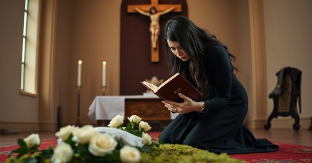 A Catholic mother kneels in prayer in a chapel before an infant's grave, holding a book titled 'H.U.G.' - Here Understood Gently Held