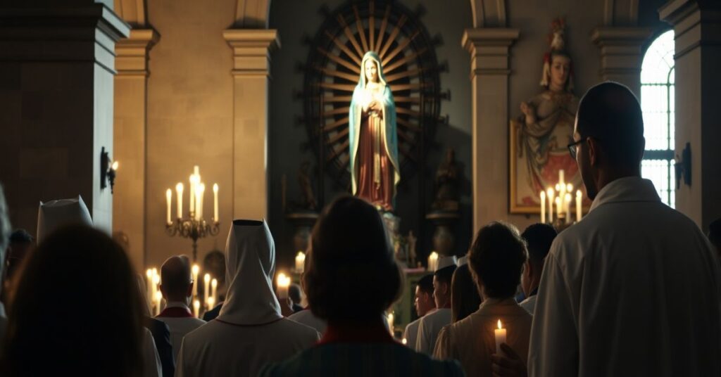 A traditional Catholic gathering in a historic Mexican church with Our Lady of Guadalupe statue, contrasting with modernist heresy of inculturation.