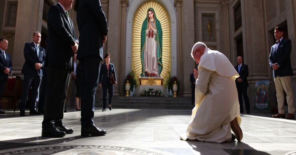 Sara Carter and conciliar priest Martin Muñoz López pray at the Basilica of Our Lady of Guadalupe amid a backdrop of political officials.