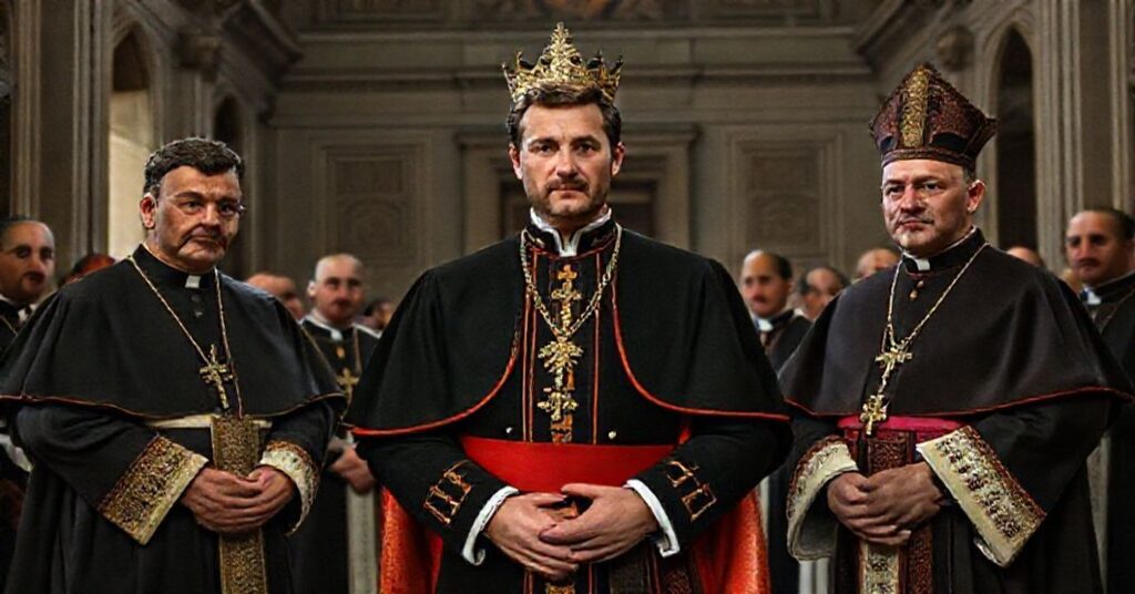 Portrait of Archduke Eduard Habsburg with antipopes Francis and 'Leo XIV' in the Vatican, symbolizing diplomatic collaboration with conciliar structures despite doctrinal deviations.