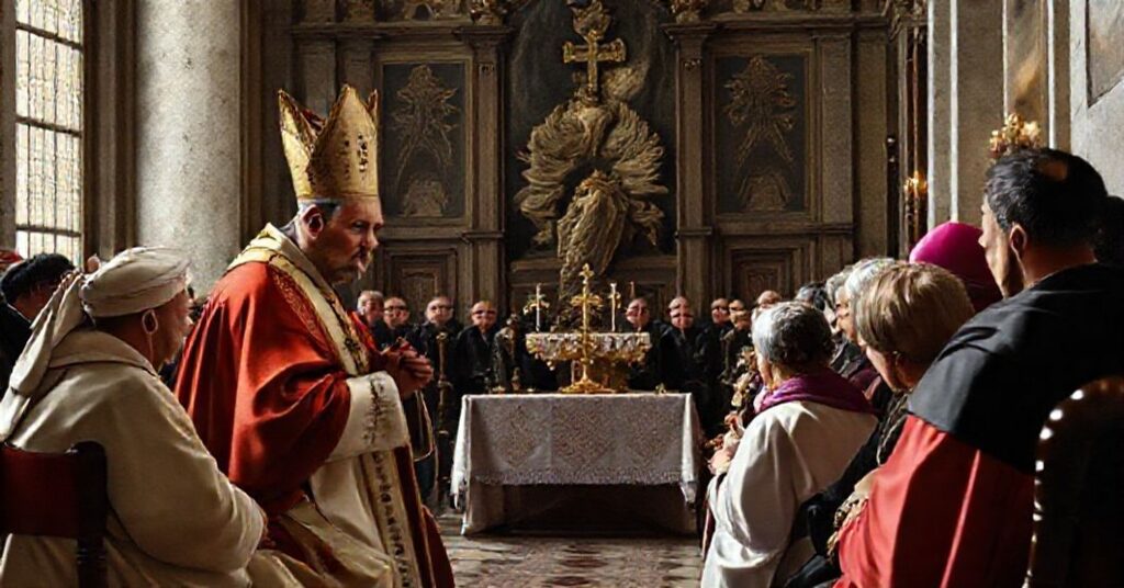 A solemn depiction of Robert Prevost (Leo XIV) with parishioners in a Vatican setting, critiquing his focus on worldly camaraderie over doctrinal fidelity.