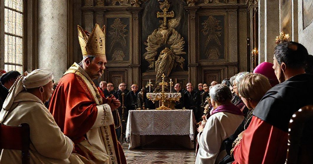 A solemn depiction of Robert Prevost (Leo XIV) with parishioners in a Vatican setting, critiquing his focus on worldly camaraderie over doctrinal fidelity.